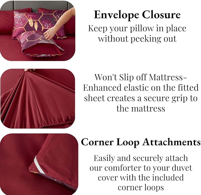 ANGIYUIN 7Pcs Bed-in-A-Bag Burgundy Gold Honeycomb King Size Comforter Sets, 3D Geometric Hexagon Bedding Gold Trim Bed Comforter Sets, Watercolor Foil Print Bed Sets with Sheets (Burgundy, King)