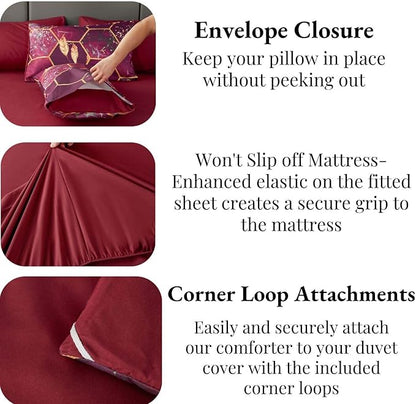 ANGIYUIN 7 Pieces Burgundy Gold California King Size Bed in A Bag, Marble Watercolor Gold Leaves Bedding Comforter Set, Hexagon Honeycomb Comforter Sets with Sheets, Pillowcases