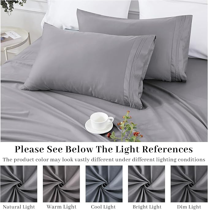 YIYEA Pillow Cases Standard Size Set of 4, Ultra Soft 1800TC Hotel Quality Double Brushed Microfiber Embroidered Pillowcases, Envelope Closure, Fade Resistant (20"x26", Medium Grey)