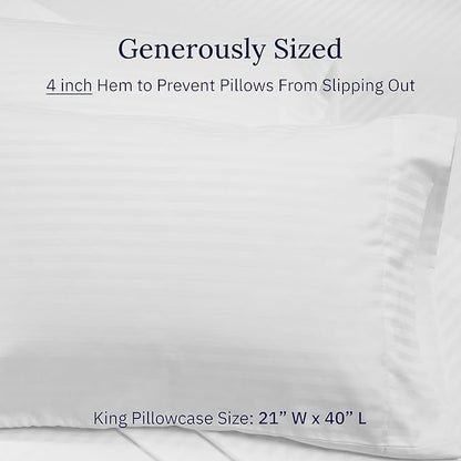 California Design Den King Size Pillowcase Set - 400 Thread Count, 100% Cotton Sateen, Set of 2 Pillow Covers, Soft and Breathable - Striped Bright White