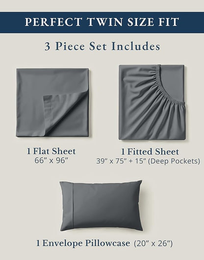 LANE LINEN 100% Organic Cotton 3Pc Bed Sheets Twin Size, Classic Percale Weave, Soft & Comfy Fully Elasticized Naturally Cooling Cotton Sheets, Low Pill Machine wash Twin Sheet Set- Charcoal