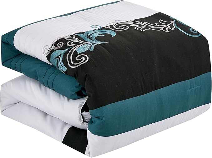 Chezmoi Collection Napa 7-Piece Luxury Leaves Scroll Embroidery Bedding Comforter Set (California King, Teal/Black/Gray)