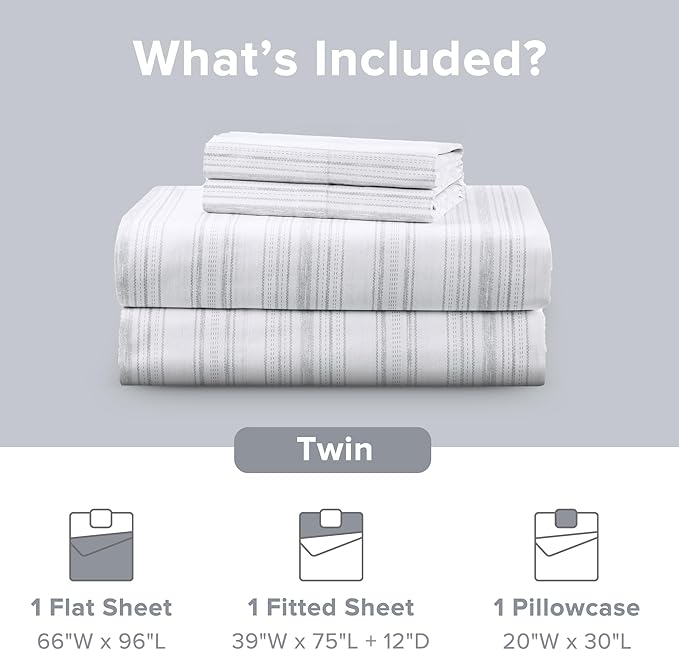 Comfort Spaces 100% Cotton Sheets Twin, Breathable, Naturally Cool Cotton Sheets, Soft Cotton Bed Sheets with 12" Elastic Pocket Fits up to 14" Mattress, All Seasons Sheet Set, Good Vibes Grey 3 Piece