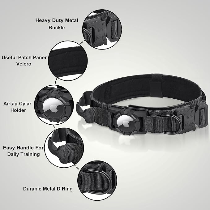 Upgraded Airtag Dog Collar Waterproof, Adjustable GPS Training Nylon | Dog Collar with AirTag Holder, Control Handle and Quick-Release Buckle for Medium and Large Dogs (Black, M)