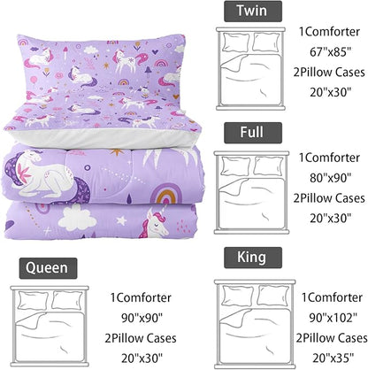 Unicorn 3 Piece Bedding Set King Size-Purple 3 Pieces Bedding Set for Kids, Unicorn Girls Comforter Set, Rainbow Clouds Star Quilt Set (1 Comforter 2 Pillowcase), All Seasons
