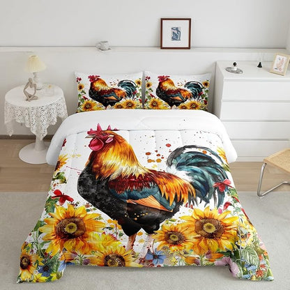 Erosebridal Sunflower Comforter Set King Size, Chicken Bedding Set, Yellow Floral Down Comforter, Watercolor Botanical Chick Animal Red Rooster Duvet Set, Tie Dye Quilted Duvet Bedroom Decor