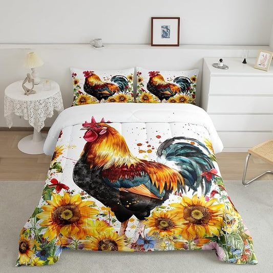 Erosebridal Sunflower Comforter Set King Size, Chicken Bedding Set, Yellow Floral Down Comforter, Watercolor Botanical Chick Animal Red Rooster Duvet Set, Tie Dye Quilted Duvet Bedroom Decor