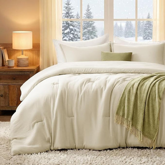 Oversized King Comforter Set Cream,3PCS Soft Lightweight Breathable Bedding Comforter for All Season, Oversized King Size(120''×98'' Comforter & 2 Pillowcases)