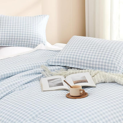 Andency Light Blue Gingham Comforter Set Twin(66x90Inch), Checkered Grid Plaid Buffalo Bed Set for Girls Boys Kids Teens, 2 Pieces Lightweight Polyester Geometric Preppy Bedding