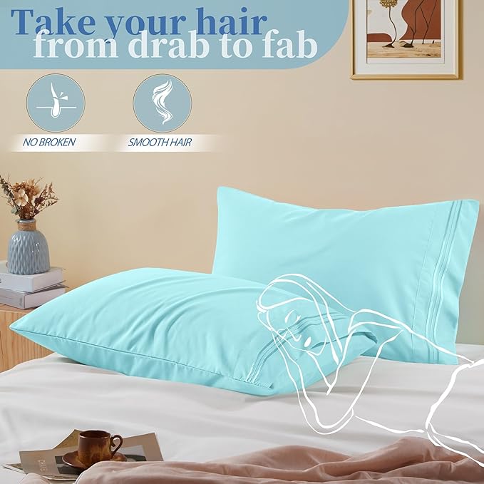 Vonty 2 Pack Queen Pillow Cases - 20x30 Inch, 1800 Thread Count Microfiber Pillowcases Queen Size Aqua Blue Pillow Cases Luxury & Soft Embroidered Bed Pillow Covers with Envelope Closure