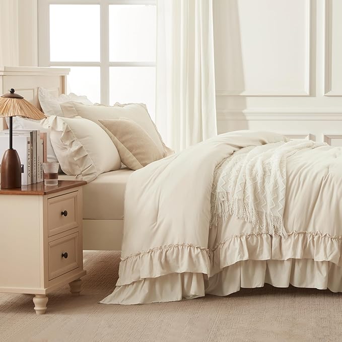 Andency Beige Queen Comforter Set, 3 Pieces Soft Lightweight Fluffy Solid Ruffle Bedding Comforter Sets, All Season Farmhouse Shabby Chic Comforter for Queen Size Bed (Beige, 90x90Inch)