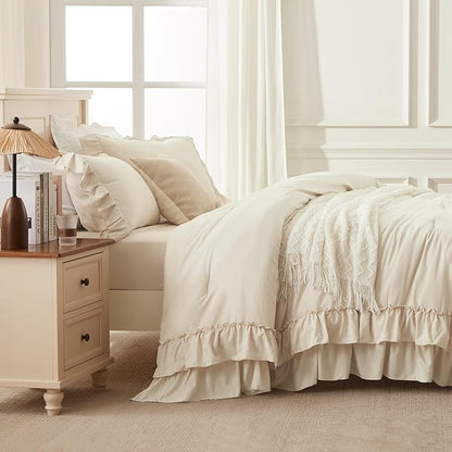 Andency Beige Queen Comforter Set, 3 Pieces Soft Lightweight Fluffy Solid Ruffle Bedding Comforter Sets, All Season Farmhouse Shabby Chic Comforter for Queen Size Bed (Beige, 90x90Inch)