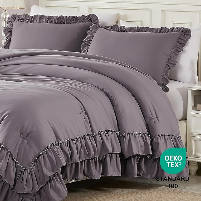 Cupocupa Purple Comforter Set – Twin XL Ruffle Farmhouse Bedding Set – Shabby Chic Fluffy Comforter for All Seasons – Includes Comforter & 1 Pillow Sham (Purple, Twin XL/Twin)