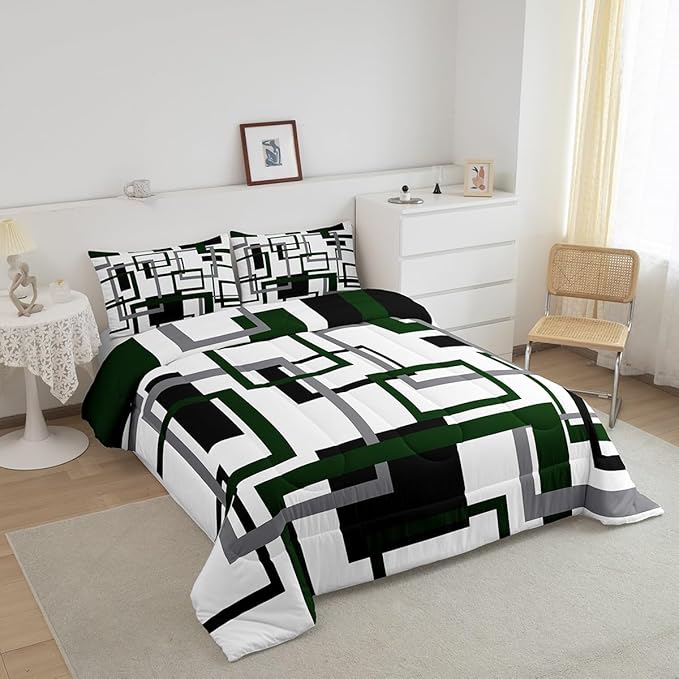 Erosebridal Black and White Green Comforter Set Full Size,Squares Bedding Set for Kids Boys Girls,Modern Geometric Quilt Set,Mid Century Novelty Duvet Insert with 2 Pillowcases Warm