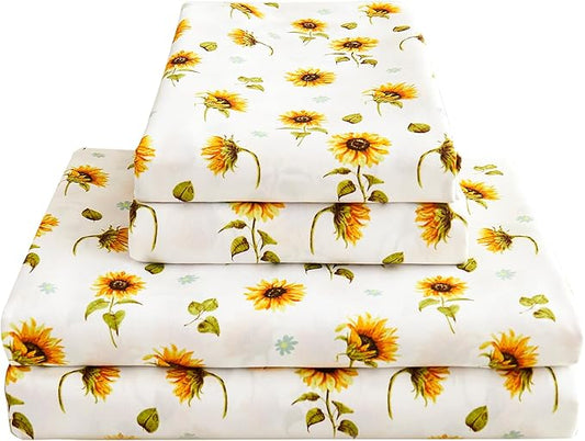 Softan Floral Twin Size Sheet Set, Sunflower Printed Bed Sheets for Kids Girls, 3-Piece Microfiber Fitted Sheet with 15" Deep Pocket & Non-Slip Straps, Patterned Bedding Sheets & Pillowcase Set