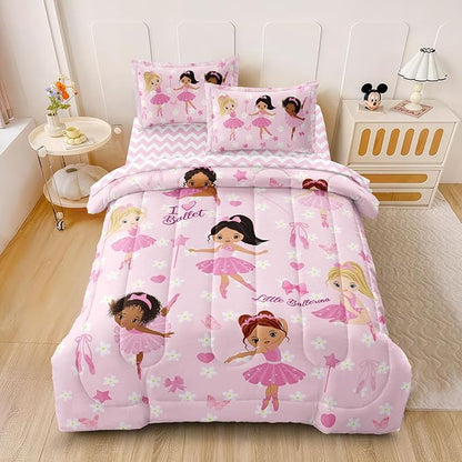 Full Bedding Set for Girls Kids 5 Pieces Comforter Sets Bed in a Bag Pink Floral Ballerina Bedding Comforter Sheet Set Cute Bedroom Decor