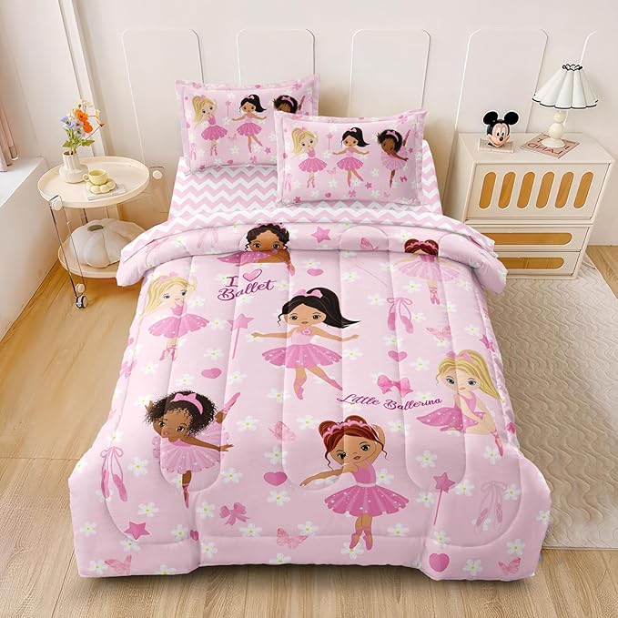 Twin Bedding Set for Girls Kids 5 Pieces Comforter Sets Bed in a Bag Pink Floral Ballerina Bedding Comforter Sheet Set Cute Bedroom Decor