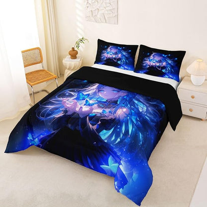 Erosebridal 3D Japanese Girl Kids Comforter Set | Blue Butterfly Decorations Bedding Full Size Cartoon Down Comforter Anime Gifts for Her Duvet Set for Bedroom
