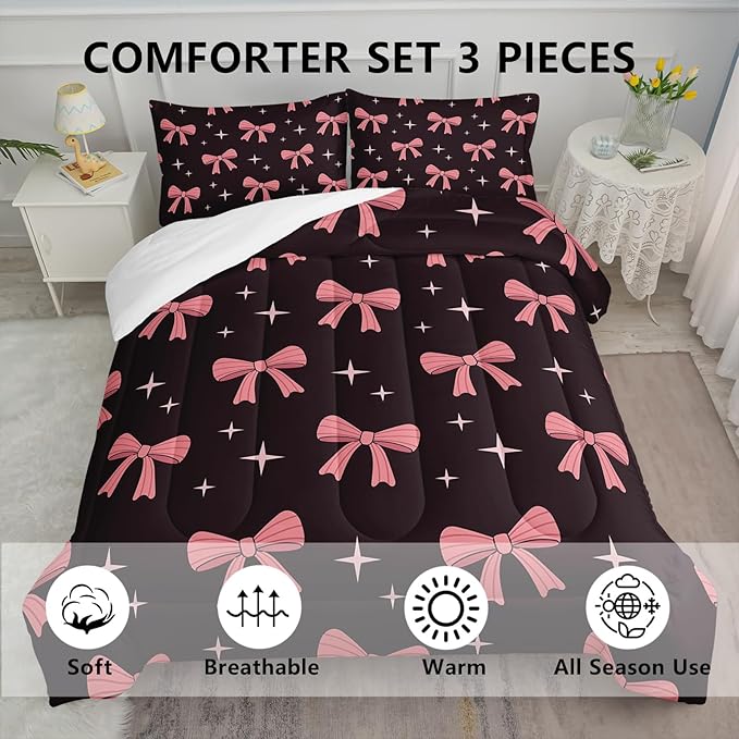 Pink Cute Bow Comforter Set for Girls,Full Size Pink Bowknot and Stars Comforter,Colorful Bedding for Kids Boys Girls,Girly Kawaii Princess Themed Quilt Set 1 Comforter 2 Pillowcases