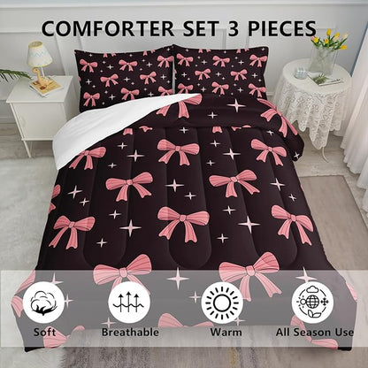 Pink Cute Bow Comforter Set for Girls,Full Size Pink Bowknot and Stars Comforter,Colorful Bedding for Kids Boys Girls,Girly Kawaii Princess Themed Quilt Set 1 Comforter 2 Pillowcases