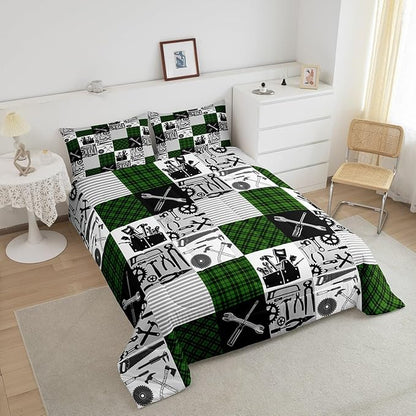 Kids Boys Car Comforter Set Farmhouse Gingham Check Bedding Set Wrench Repair Outfit Bedding Home Decor Green Black Comforter Queen Size 3 Pieces Quilted Duvet Set with 2 Pillowcase