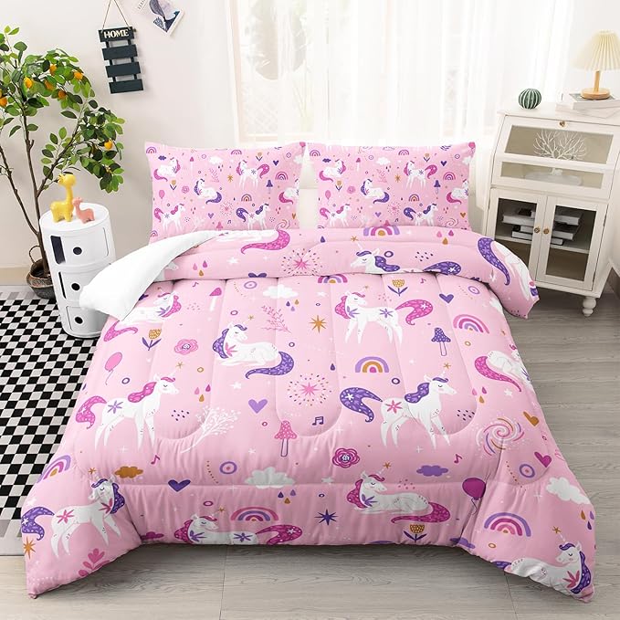 Unicorn 3 Piece Girl Bedding Set Pink Unicorn Bedding Set for Kids,Unicorn Comforter Set Girls Room Decor,Rainbow Clouds Star Quilt Set for Girls (1 Comforter 2 Pillowcase),All Seasons