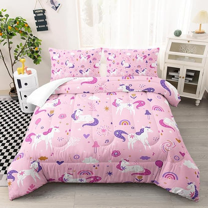 Unicorn 3 Piece Girl Bedding Set Pink Unicorn Bedding Set for Kids,Unicorn Comforter Set Girls Room Decor,Rainbow Clouds Star Quilt Set for Girls (1 Comforter 2 Pillowcase),All Seasons