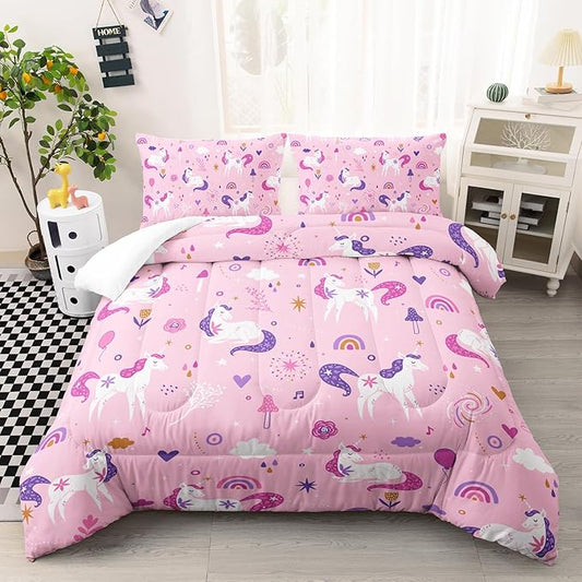 Unicorn 3 Piece Girl Bedding Set Pink Unicorn Bedding Set for Kids,Unicorn Comforter Set Girls Room Decor,Rainbow Clouds Star Quilt Set for Girls (1 Comforter 2 Pillowcase),All Seasons