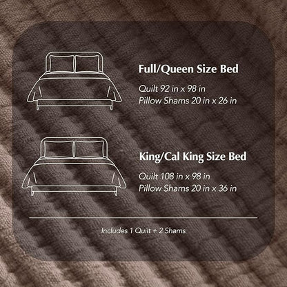 EVERGRACEHOME Cotton Coverlet Set King Size 3 Pieces, Lightweight Soft Ribbed Matelassé Bedspread Quilt Set, Cozy Oversized Quilted Bedding Set with 2 Pillow Shams for All Seasons, Mocha Brown