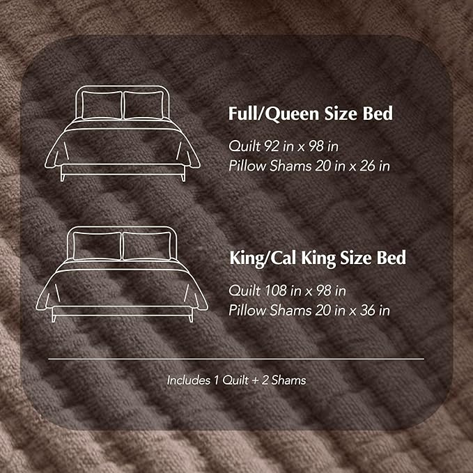 EVERGRACEHOME Cotton Coverlet Set Full Queen Size 3 Pieces, Lightweight Soft Ribbed Matelassé Bedspread Quilt Set, Cozy Oversized Quilted Bedding Set with 2 Pillow Shams for All Seasons, Mocha Brown