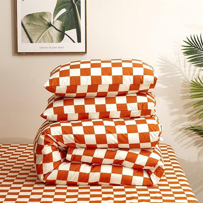 Houseri Burnt Orange Grid Comforter Set Full White and Rust Plaid Bedding Comforter Sets for Teen Girls Boys Terracotta Buffalo Plaid Comforter Full Rust Colored Gingham Comforter Bedding Full Size