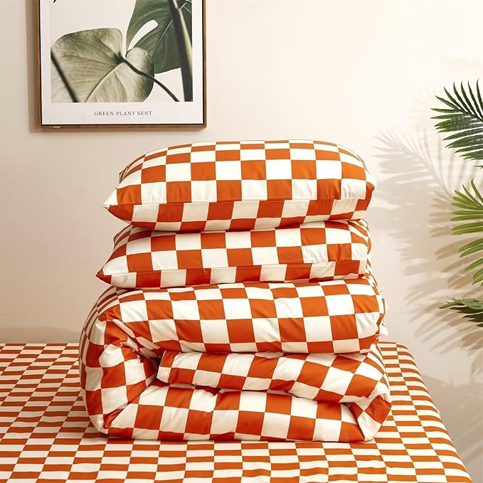 Houseri Burnt Orange Plaid Comforter Set White and Bedding Sets Twin Rust Grid Buffalo Checkered Kids Terracotta Gingham Size, Twin(68''*90''-Comforter)