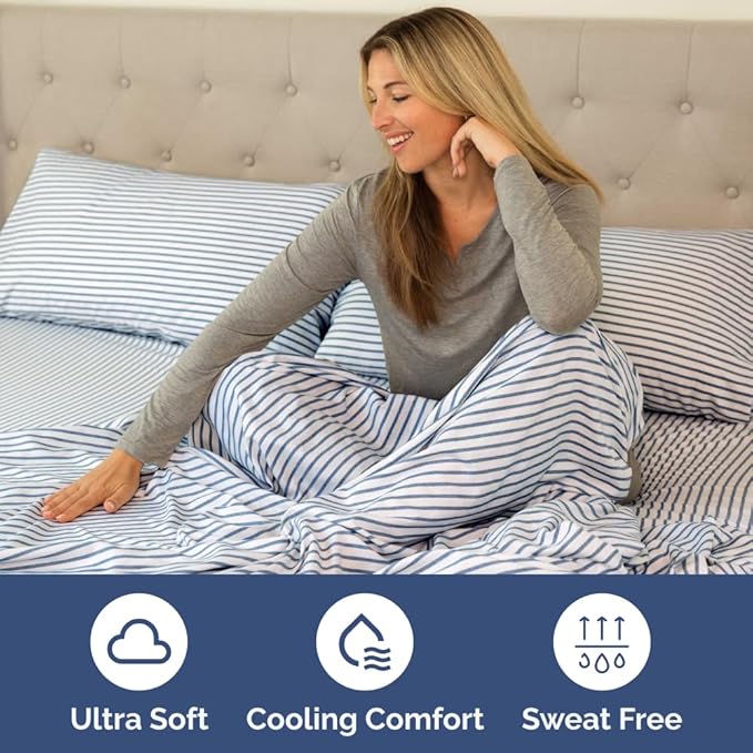 Full XL Bed Sheet - 4 Piece Full XL Bed Sheets Set - Soft, Breathable & Cooling - Hotel Luxury Bedding for Women, Men, Kids, Teens, Boys & Girls - Deep Pockets, Fade and Wrinkle Free - Blue Stripes