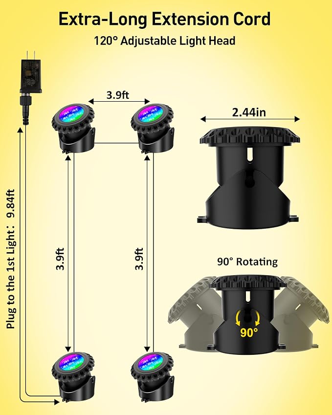 T-SUN Colored Underwater Pond Lights with APP & Remote Control 4 Pack | IP68 Waterproof Submersible Fountain Lights, Dimmable Timer Pond Lights Led Underwater for Outdoor Pond Fish Aquarium Garden