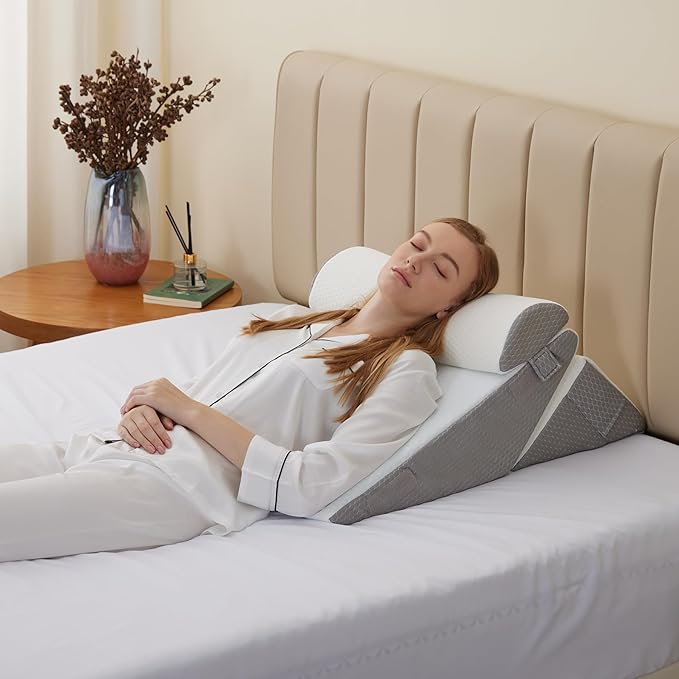 Wedge Pillow Headboard, 3PCS Orthopedic Bed Wedge Pillows Set for After Surgery, Adjustable Pillow Wedge for Acid Reflux&Back Pain Relief, Sleeping, Back Pillow for Bed Sitting Up, White/Grey