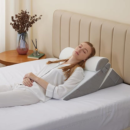 Wedge Pillow Headboard, 3PCS Orthopedic Bed Wedge Pillows Set for After Surgery, Adjustable Pillow Wedge for Acid Reflux&Back Pain Relief, Sleeping, Back Pillow for Bed Sitting Up, White/Grey