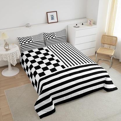 Black Check Bedding Set King Size Fashion Buffalo Plaid Comforter Modern Simple Style Comforter Set Black Stripes Geometric Duvet Set 3Pcs Quilt Set 1 Comforter Set with 2 Pillowcase