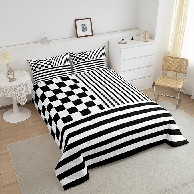 Black Check Bedding Set Full Size Fashion Buffalo Plaid Comforter Modern Simple Style Comforter Set Black Stripes Geometric Duvet Set 3Pcs Quilt Set 1 Comforter Set with 2 Pillowcase
