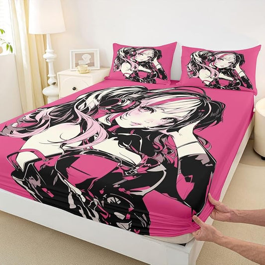 Pink Anime Girls Bedding Set Cartoon Japanes-Style Fitted Sheet Full, Graffiti Street Culture Bed Sheets for Kids Teens Youth Watercolor Hippie Style Sheets 3Pcs, No Top Sheet
