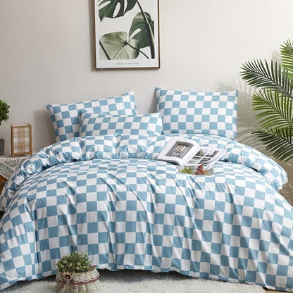 CLOTHKNOW Blue White Plaid Comforter Full Size Set Grid Bedding Comforter Sets All Season Soft Checker Comforter with 2 x Pillow Cases