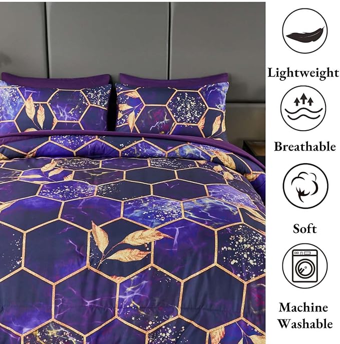 ANGIYUIN 7Pcs Bed-in-A-Bag Purple Gold Marble Comforter Set Full Size, 3D Geometric Hexagon Comforter Bedding Set, Modern Foil Print Bed Sets with Matched Sheets for Women Men(Purple Full)