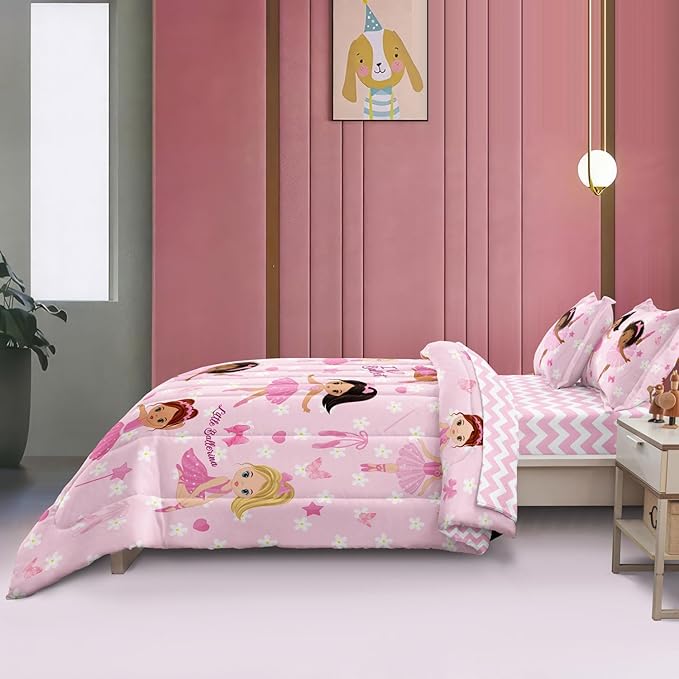 Full Bedding Set for Girls Kids 5 Pieces Comforter Sets Bed in a Bag Pink Floral Ballerina Bedding Comforter Sheet Set Cute Bedroom Decor