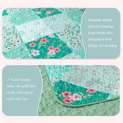 Whale Flotilla Patchwork Quilts Queen Size, Extra Soft Boho Floral Bedspreads for Bed Reversible Lightweight Full Queen Quilt Bedding Set Printed Coverlets with 2 Pillow Shams for All Seasons, Green