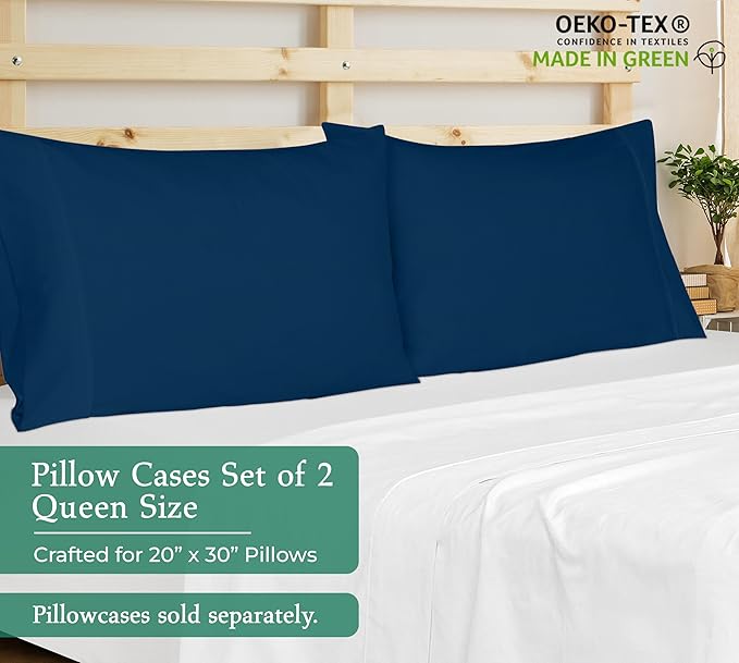 Royale Linens Queen Pillowcase Set of 2 - Bed Pillow Cover - 20" x 30" - Navy Pillowcases - 1800 Brushed Microfiber, Wrinkle & Fade Resistant - Soft & Cozy- Queen Size Pillow Case (Navy)