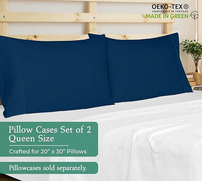 Royale Linens Queen Pillowcase Set of 2 - Bed Pillow Cover - 20" x 30" - Navy Pillowcases - 1800 Brushed Microfiber, Wrinkle & Fade Resistant - Soft & Cozy- Queen Size Pillow Case (Navy)