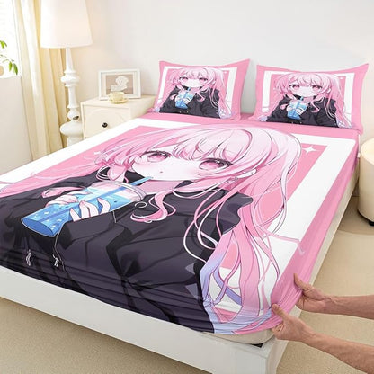 Erosebridal 3D Japanese Queen Bed Sheets Anime Girl Drinking Milk Tea Fitted Sheet,Cute Kawaii Girly Kids Bedding Sets Modern Fashion Aesthetic Sheets with 2 Pillowcases
