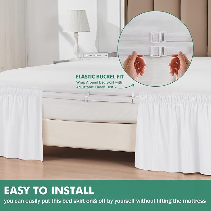 Biscaynebay Wrap Around Bed Skirts with Split Corners for Full Beds 15" Drop, White Adjustable Elastic Dust Ruffles Easy Fit Wrinkle Resistant Silky Luxurious Fabric Machine Washable