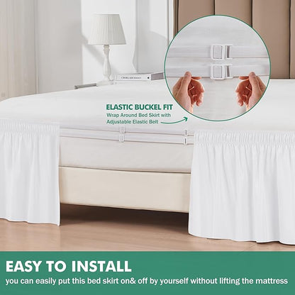 Biscaynebay Wrap Around Bed Skirts with Split Corners for Full Beds 15" Drop, White Adjustable Elastic Dust Ruffles Easy Fit Wrinkle Resistant Silky Luxurious Fabric Machine Washable