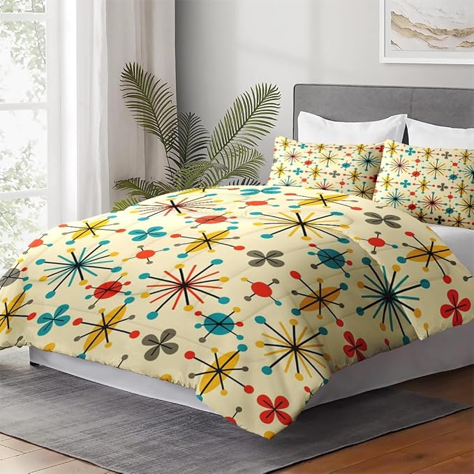 Twin Size Comforter Set with Pillowcase, Mid Century Retro 50S Atomic Soft 2 Pcs Bedding for Kids and Adults Bedroom Bed Decor