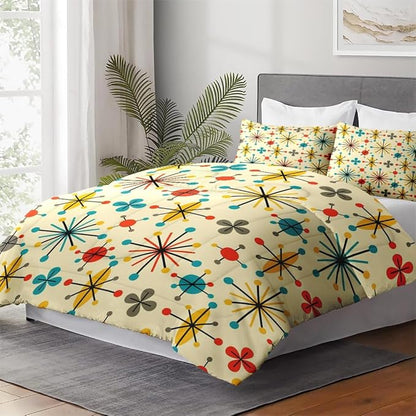 King Size Comforter Set with 2 Pillowcases, Mid Century Retro 50S Atomic Soft 3 Pcs Bedding for Kids and Adults Bedroom Bed Decor